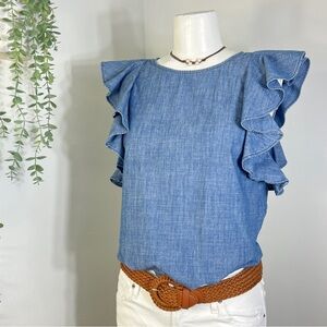 J. Crew Cotton Chambray Blue Ruffle Short Sleeve Denim Top Blouse Small